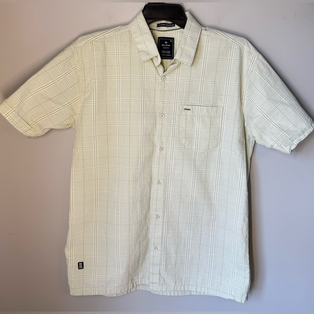 No War 998 Fashion Industry Men’s Sage Green Plaid Seersucker Button Up Shirt XL